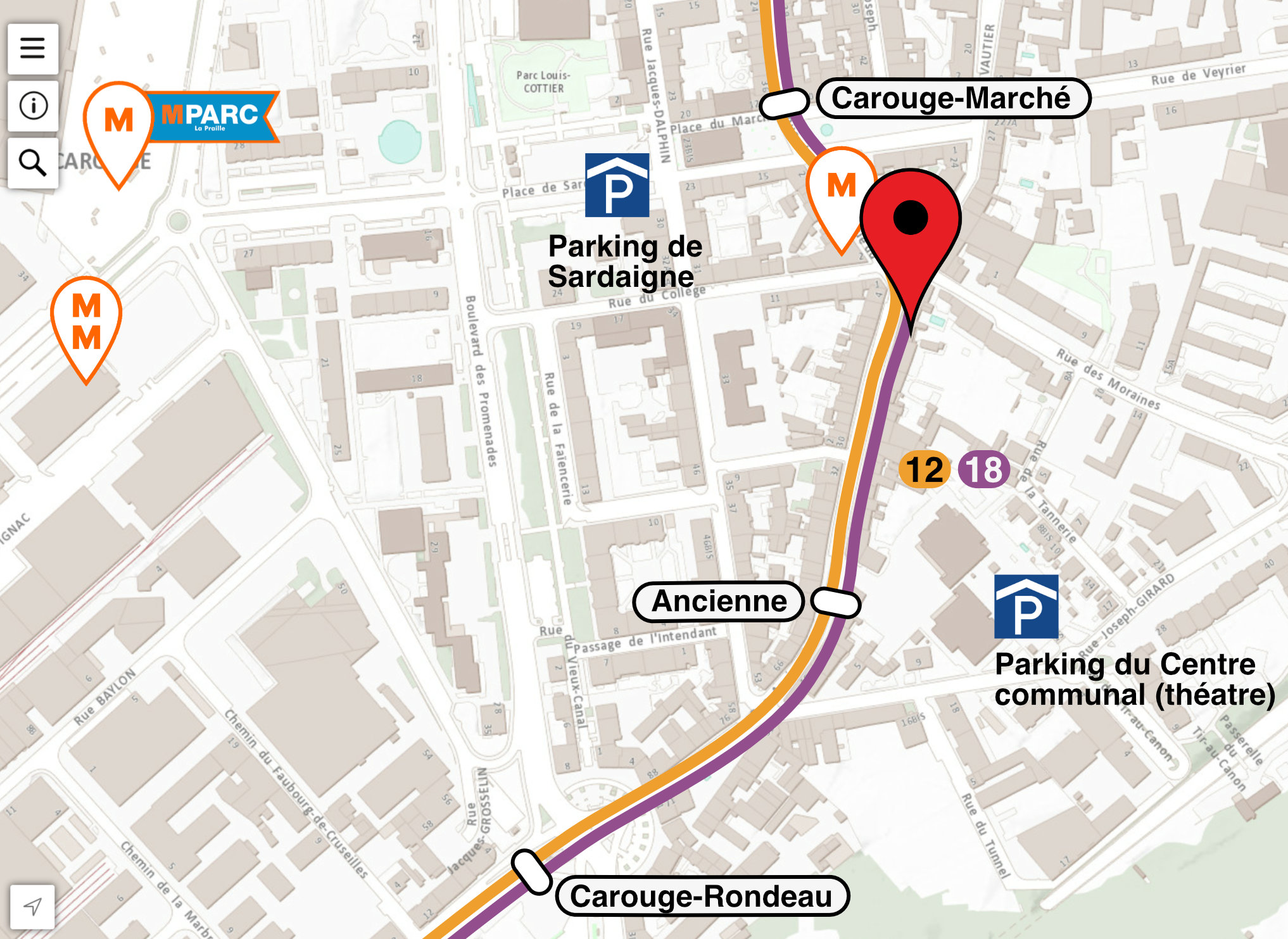 Map to the Valmandin coffee shop at rue Ancienne 46 in Carouge