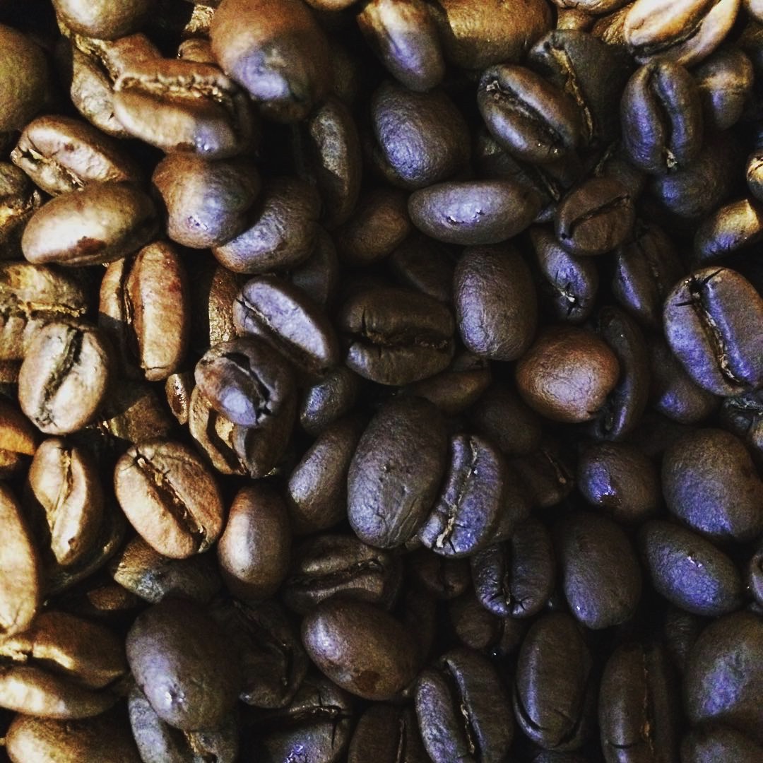 Roaster's shadow falling onto freshly roasted Valmandin gourmet coffee beans.